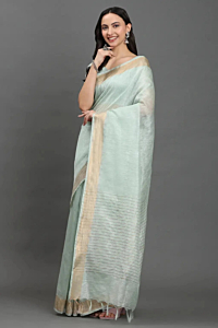 Handloom Plus Moonmint Muse Handwoven Kota Linen Saree with Zari Border | Mint Green Lightweight Breathable Saree
