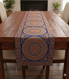 Premium Banarasi Brocade Silk Table Runner -Ethnic Mandala Design  16 x 72 inches - 6 Ft Long- Navy Blue