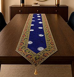 Handmade Silk Table Runner 14 x 72 Inches Aari Zari Embroidery Traditional Dining Table Runner Floral Embroidered Home Decor Varanasi Handcrafted Colovila - Navy Blue Floral