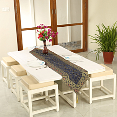 Handmade Silk Table Runner 14 x 72 Inches Aari Zari Embroidery Traditional Dining Table Runner Floral Embroidered Home Decor Varanasi Handcrafted Colovila - Navy Blue