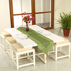 Handmade Silk Table Runner 14 x 72 Inches Aari Zari Embroidery Traditional Dining Table Runner Floral Embroidered Home Decor Varanasi Handcrafted Colovila - Olive Green