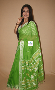 ARBEE Handloom Pure Cotton Green and Green Duel Tone Color Lotus Motif Anchal with Lotus Motif Border Regular Wear Saree With Attached Blouse Piece,