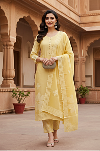 Yellow Cotton Applique Cutwork Unstitched 3 Piece Set