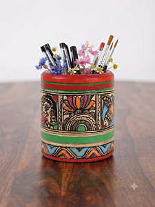 Bamboo Pen Stand With Hand Painted Madhubani Art