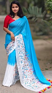 Linen Embroidery Saree Half & Half Design with Plain Border & Running Blouse - 100 Count Premium Linen