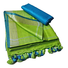 Cotton Slub Saree for Women with Running Blouse Piece | Silver Zari Border | Contrast Blouse Color | Daily Wear Saree