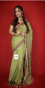 ARBEE Handloom Pure Cotton Jamdani Pista Green Half Circle Motif Anchal with Half Circle Motif Border Regular Wear Saree With Blouse Piece