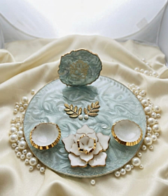 8 inches Pooja Thali Set | Sea Green Resin Decorative Platter