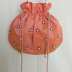 Handcrafted Peach Silk Potli Bag with Pearl Embellishments