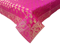 Brocade Silk Table Cloth Square 1 Meter x 1 Meter | Decorative Dining Table Mat with Golden Jacquard Weave | Elegant Home Decor for Festive & Special Occasions - Pink