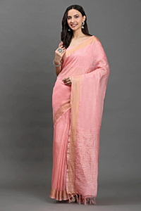 Handloom Plus Rose Peach Kota Linen Saree | Handwoven Saree with Zari Border