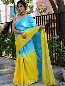 Semi Linen Saree for Women with Running Blouse Piece | Shibori Design | Silver Zari Border | Cotton by Semi Linen Fabric