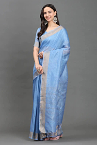 Handloom Plus Sky Elegance Handwoven Kota Linen Saree with Zari Border | Lightweight Breathable Summer Saree | Sky Blue