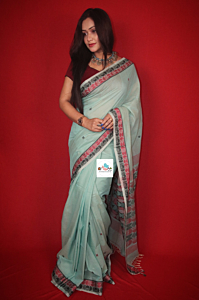 ARBEE Handloom Pure Cotton Jamdani Sky Blue Color Half Circle Motif Anchal with Half Circle Motif Border Regular Wear Saree With Blouse Piece