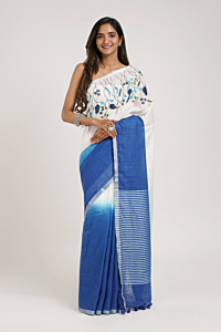 Linen Embroidery Saree Half & Half Design with Plain Border & Running Blouse - 100 Count Premium Linen