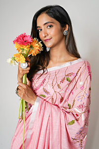 Linen Embroidery Saree Half & Half Design with Plain Border & Running Blouse - 100 Count Premium Linen