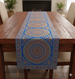 Premium Banarasi Brocade Silk Table Runner -Ethnic Mandala Design  16 x 72 inches - 6 Ft Long - Turquoise blue