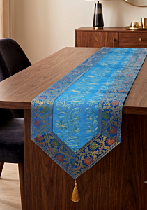 Handmade Silk Table Runner 14 x 72 Inches Aari Zari Embroidery Traditional Dining Table Runner Floral Embroidered Home Decor Varanasi Handcrafted Colovila - Turquoise Blue
