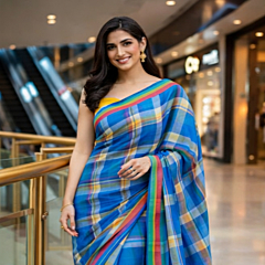Gamcha saree Sky Blue check pattern
