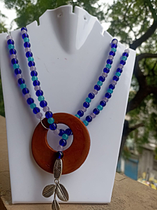 Handmade Dual-Layer Beaded Necklace with Terracotta-Style Pendant & Leaf Charm