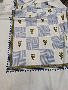 Block Print Double-Sided Cotton Dohar | Off-White & Blue