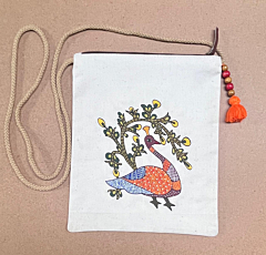 Karushilpam Handmade Cotton Sling Bag with Printed Gond Peacock