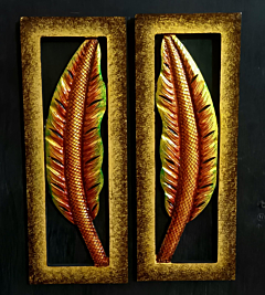 HANDMADE WOODEN WALL DECOR -SET OF 2 FIERY ORANGE LEAF DESIGN