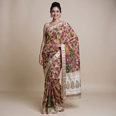 Handcrafted Pen Kalamkari Saree I Beige