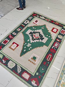 Hand Tufted Wool Area Rug | Green Tribal Geometric Carpet
