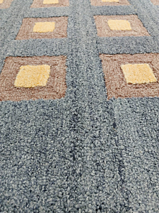 Blue Geometric Area Rug | Modern Square Pattern, Wool Look