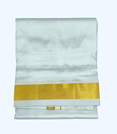 Silk Dhothi | White Colour Dhothi with Golden Zari wide stripe border   | AT  5056  | 50 Kulikai Border size 