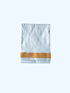 Silk Dhothi with Golden Zari Border | White | 40 Kuligai Border Size
