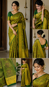 Premium Green & Gold Handloom Silk Saree with Rich Traditional Zari Weaving