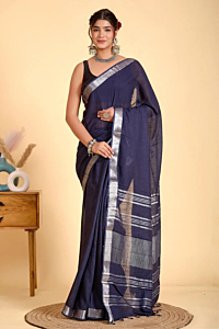 Navy Blue Semi Linen Saree with Silver Zari Border & Running Blouse Piece - Premium Casual Wear