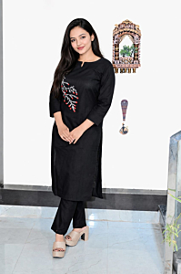 Women Black Embroidered Straight Kurti
