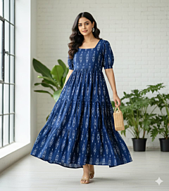 Handwoven Cotton Ikat Frills Frock| S,M,L,XL