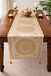 Premium Banarasi Brocade Silk Table Runner -Ethnic Mandala Design  16 x 72 inches - 6 Ft Long, - White