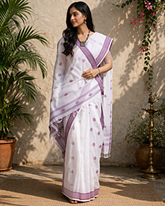 White Saree with Violet Border and Butis