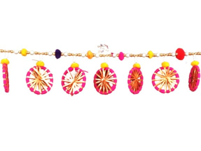 The Enchanting Pink Ring Toran with Multi Pompoms and Golden Flowers for Diwali Decoration