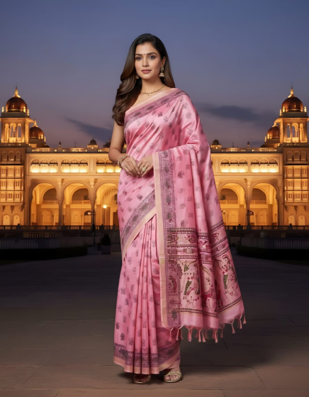 Kota Staple Madhubani Printed Saree with Golden Zari Border & Blouse - Premium Viscose Collection