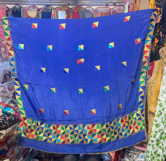 Blue colour 3 Pure chinon Chiffon base Hand Embroided Phulkari Dupatta
