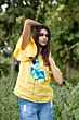Yellow Applique Linen Bell Sleeves Top