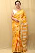 Semi Linen Batik Print Saree with Silver Zari Border & Running Blouse - Yellow Premium Look