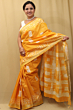 Semi Linen Batik Print Saree with Silver Zari Border & Running Blouse - Yellow Premium Look