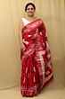 Semi Linen Batik Print Saree with Silver Zari Border & Running Blouse - Red Premium Look