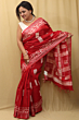 Semi Linen Batik Print Saree with Silver Zari Border & Running Blouse - Red Premium Look
