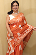 Semi Linen Batik Print Saree with Silver Zari Border & Running Blouse - Orange Premium Look