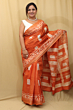 Semi Linen Batik Print Saree with Silver Zari Border & Running Blouse - Orange Premium Look