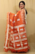Semi Linen Batik Print Saree with Silver Zari Border & Running Blouse - Orange Premium Look
