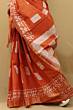 Semi Linen Batik Print Saree with Silver Zari Border & Running Blouse - Orange Premium Look